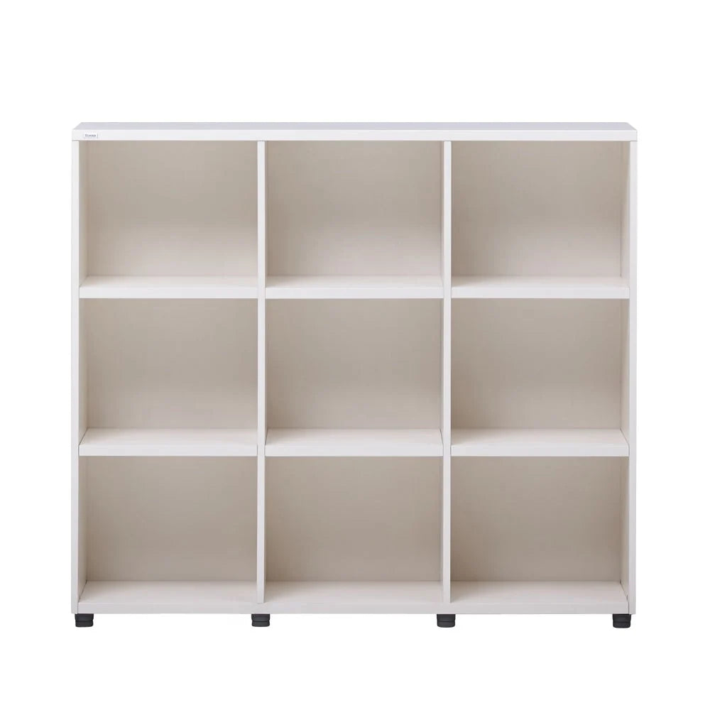 HSFC123 ivory-toned three-tier 1200W bookcase with three columns and nine open compartments; ivory front view.