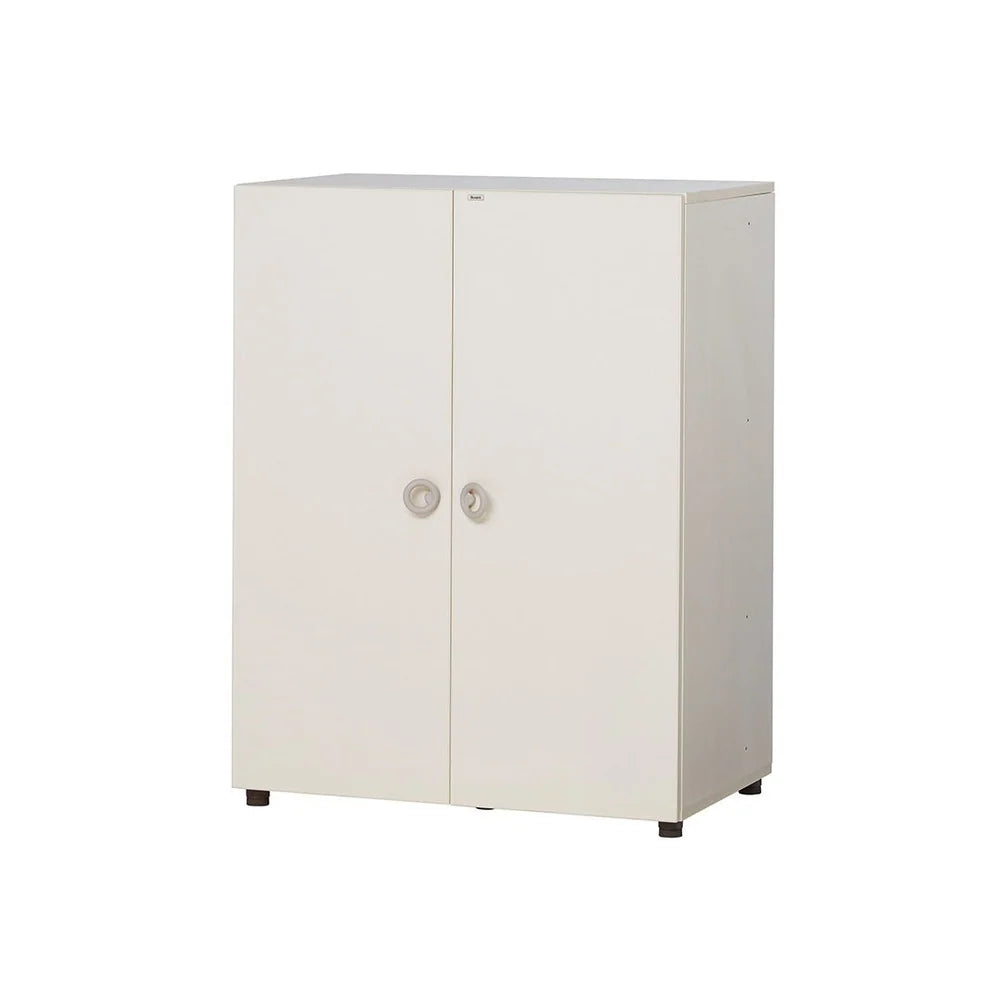 Front angle of the ivory two-door Eddi Kids wardrobe with grey ring handles.