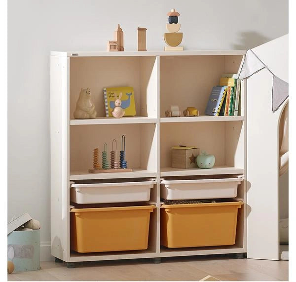 950W open book compartments with two shallow ivory bins and two deeper yellow bins beneath.