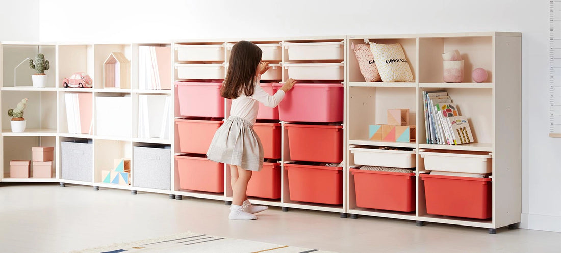 Eddi Kids 950W bookcase within a complete coordinated children’s storage-room arrangement.
