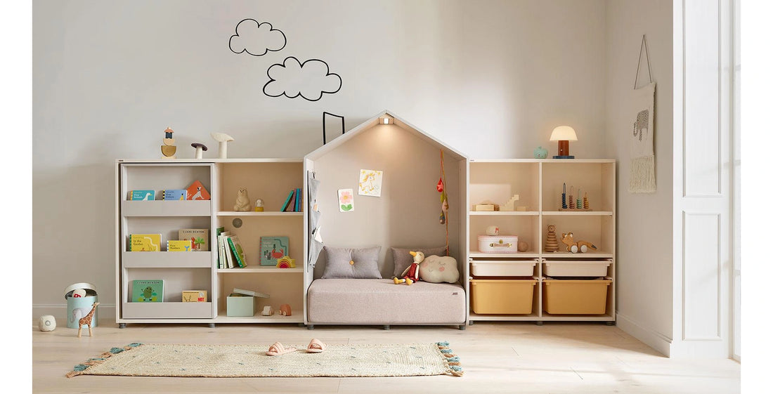 Yellow-bin 950W bookcase beside a separate reading-house seat and sliding bookcase.