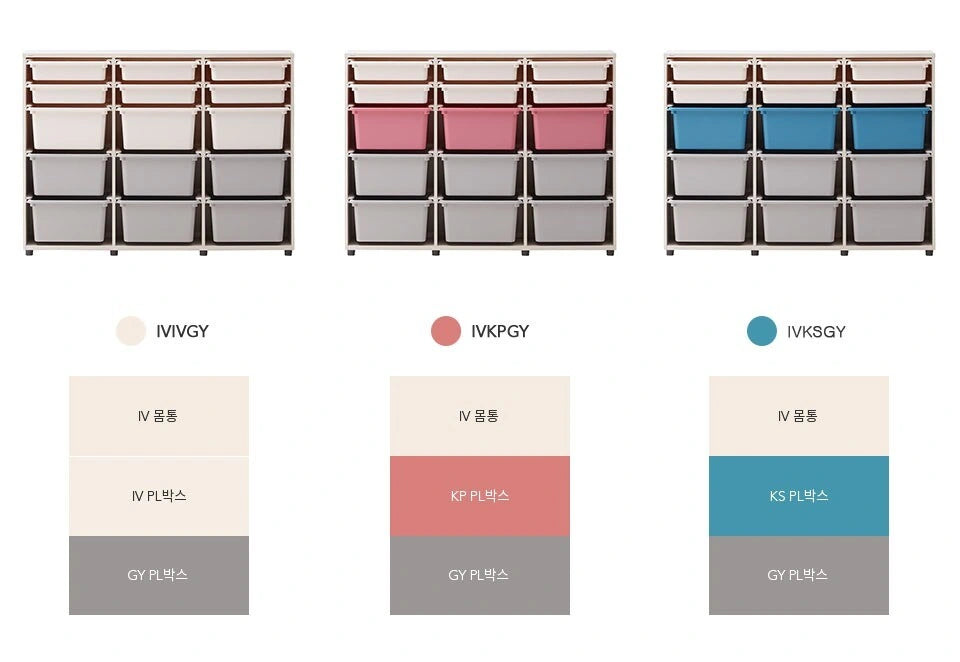 Full 15-bin Grey IVIVGY, Pink IVKPGY and Sky IVKSGY cabinet views with their component-colour panels.