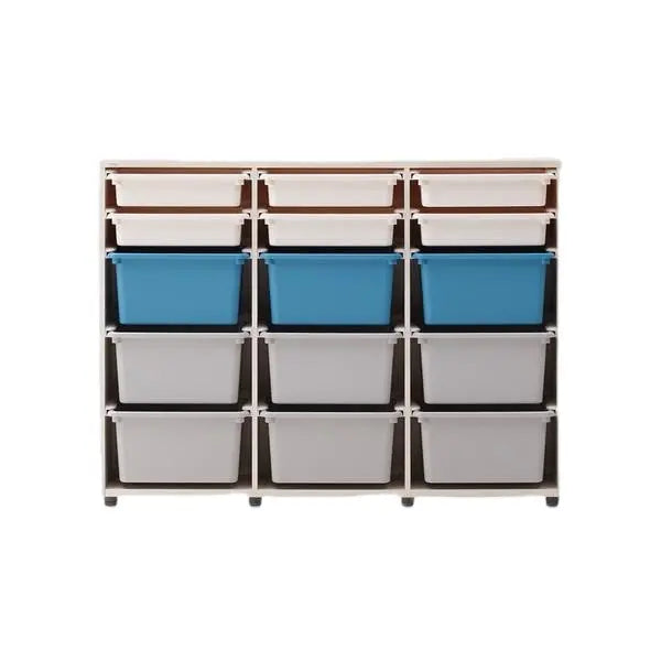 HSFP143 Sky option: ivory-toned frame with ivory shallow bins, light-blue first deeper row and grey lower deeper rows.