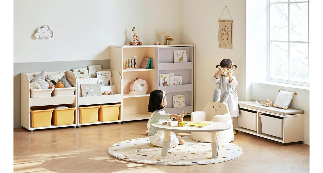 A reading corner with lower storage: The cushioned bench provides seating above two PL storage bins.