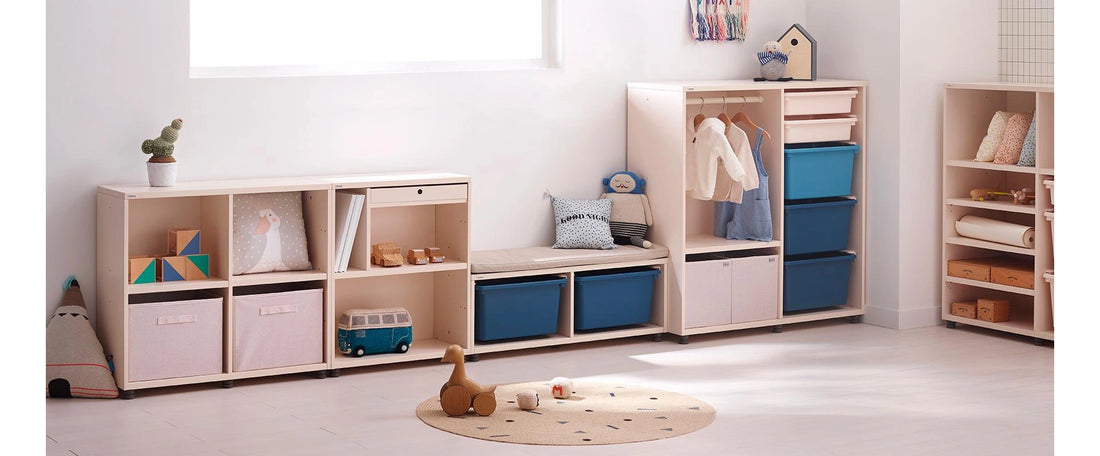 Add storage to a room arrangement: The complete room illustrates the bench alongside other cabinets and bookcases.