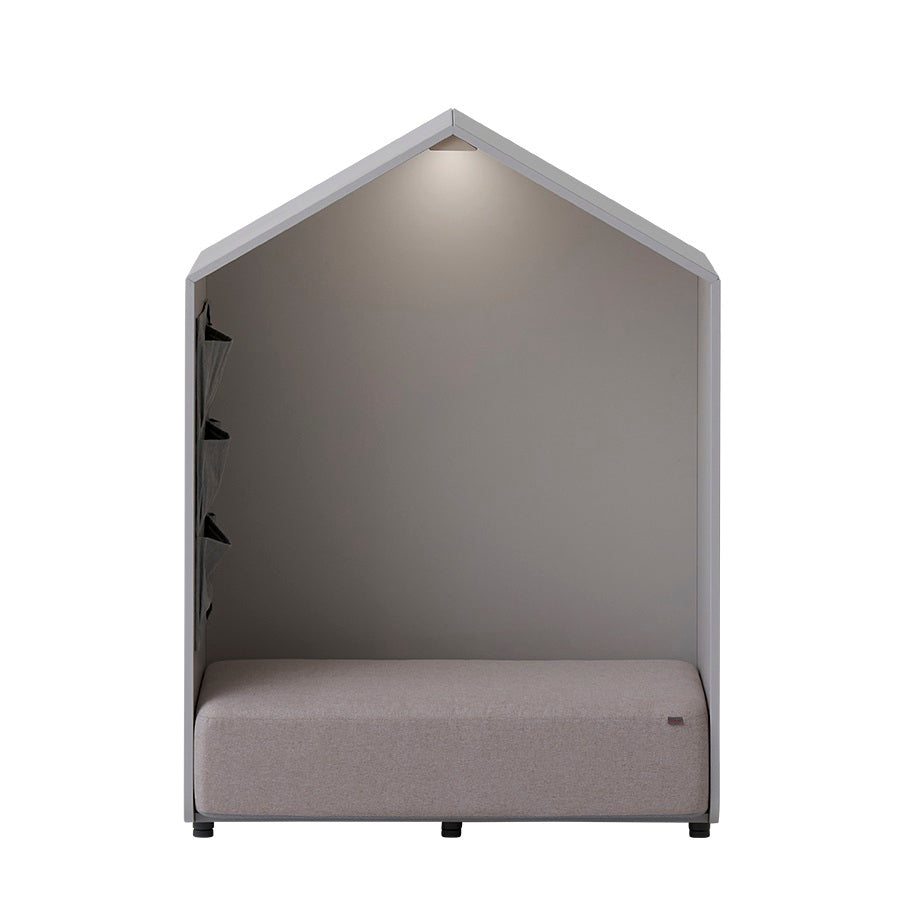 ILOOM Eddi Kids Reading House sofa with beige cushion and built-in shelves