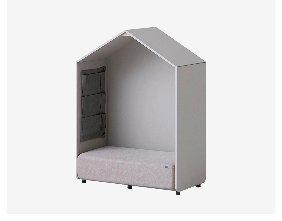 Iloom Eddi Kids Reading House sofa in white with gray wall pockets and pink cushioned seat