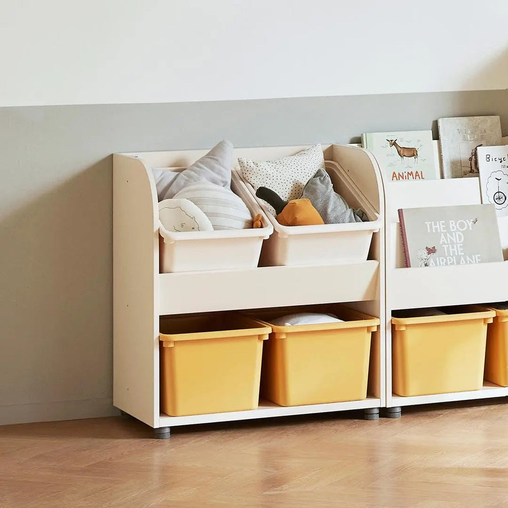 Iloom Eddi Kids Toy Storage unit in white with yellow bins, holding toys, cushions, and books.