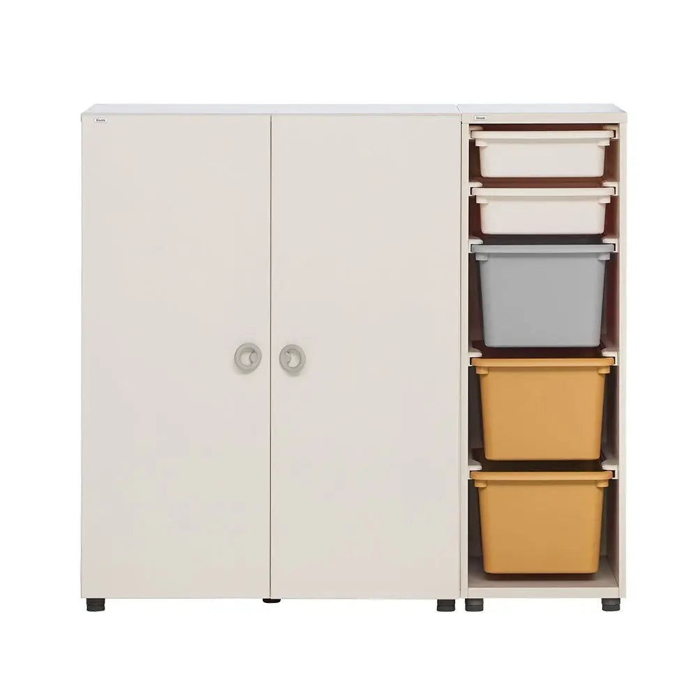 Iloom Eddi Kids Wardrobe storage cabinet in white, right-side open bin tower with white, grey, and yellow bins.