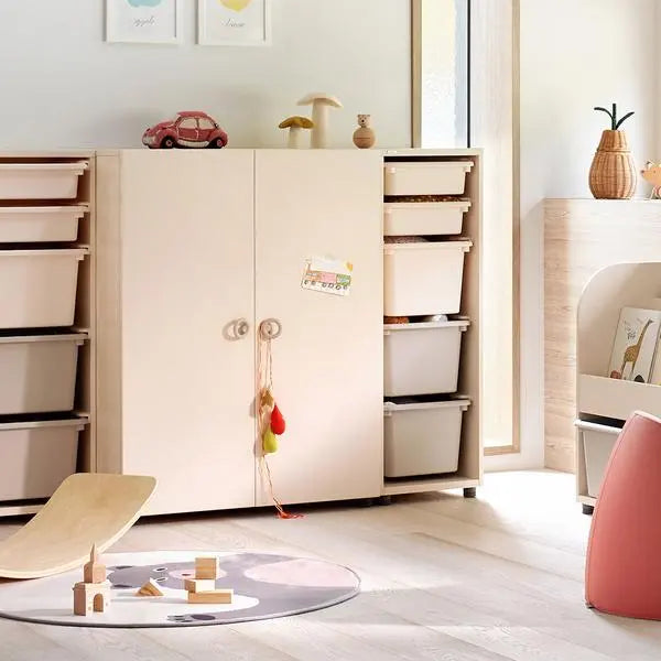 ILOOM Eddi Kids Wardrobe 1150W in cream, with closed doors and side stacked drawers neatly storing toys.