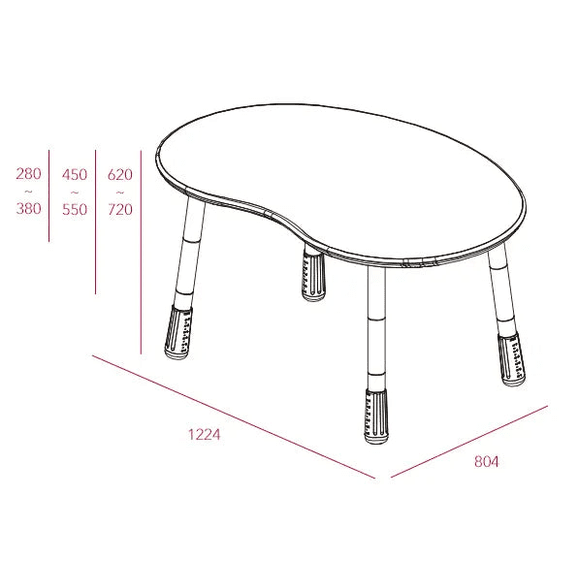 ILOOM Growing Desk Peanut 1200W, peanut-shaped activity table with adjustable-height legs and textured feet.