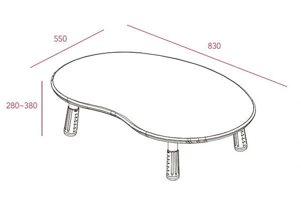 800W name, 830 mm actual width: The exact drawing specifies 830W × 550D × 280–380H mm.