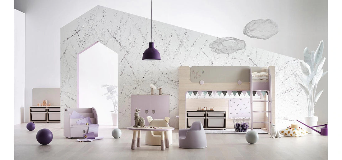 Coordinate with a bedroom arrangement: The manufacturer illustrates a lilac-accent floor desk near separate bunk-bed furniture.