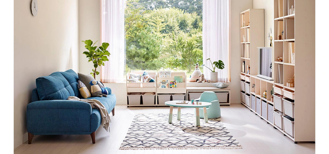 Floor-level activities in a living space: This room illustrates a mint-accent version of the low peanut desk.
