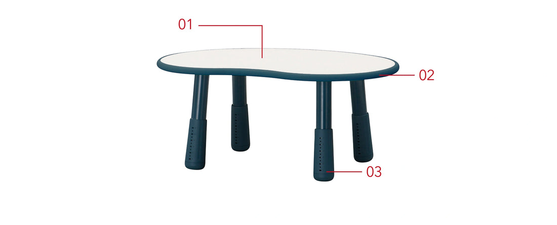 Small peanut desk overview: The annotated view identifies the curved peanut-shaped top and short adjustable feet of the 800W floor desk.