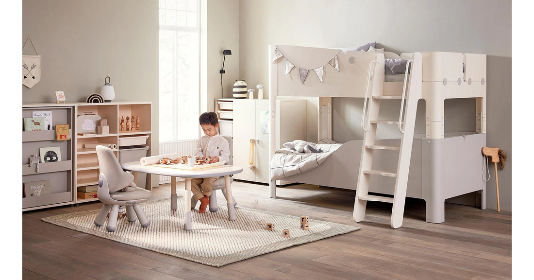 A desk in a bedroom layout: The Grey rectangular desk is shown beside separate bedroom furniture.