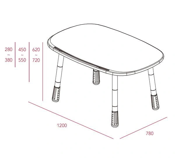 Dimensions across three configurations: The rectangular desk measures 1200W × 780D mm.