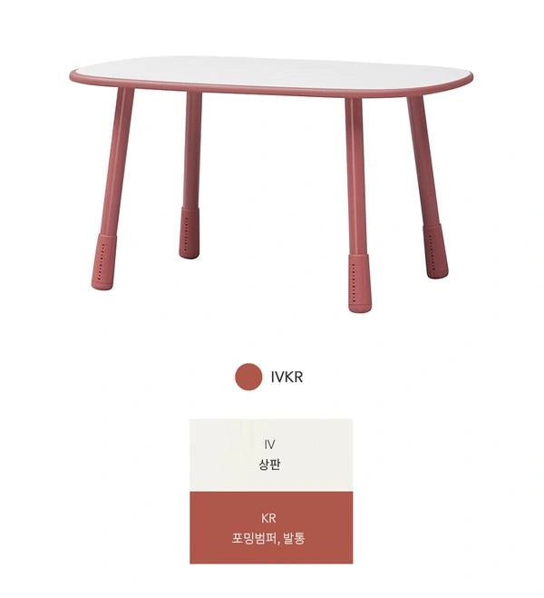 Red IVKR combination: The Red combination has a light ivory-toned top with a red moulded edge, leg sections and adjustable feet.