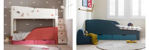 One drawer per purchase: The manufacturer illustrates two drawers filling the long-side space in different Tinkle Pop bed arrangements.
