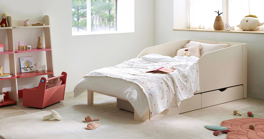 Storage beneath a Tinkle Pop bed: The illustrated bed has two separately purchased drawers beneath its long side.
