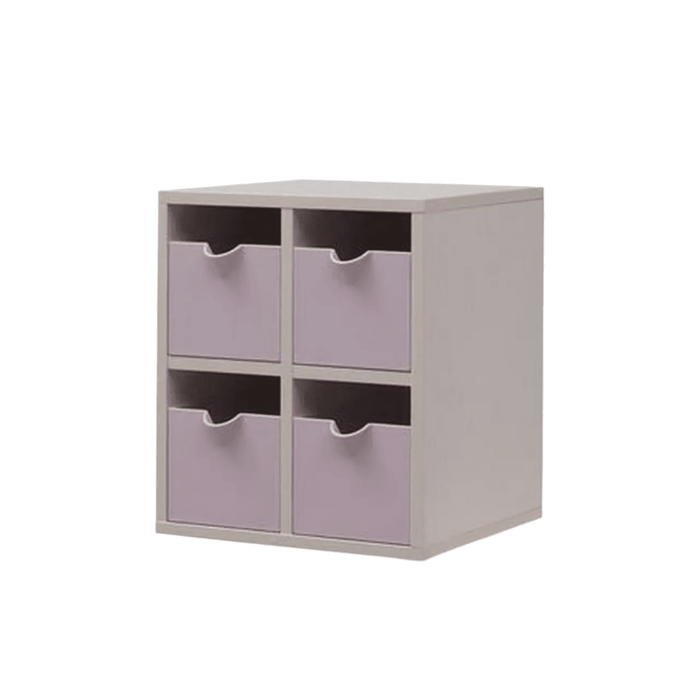 Iloom Linki Plus Mini Drawer 4Ea white cubby unit with lavender fabric bins keeping toys neatly stored.