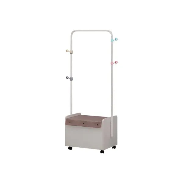 Iloom Linki Plus Moving Hanger with white frame, pastel hooks, and wheeled mobile storage chest.