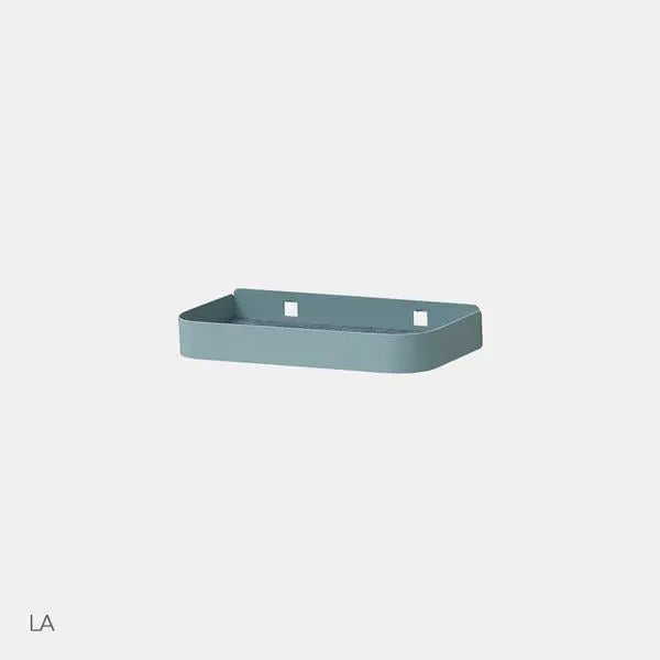 Iloom Linki Plus Shelf (S), blue-gray wall-mount desk organizer shown attached to wall with two brackets.