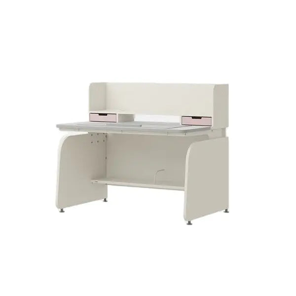 Iloom Linki Plus Smart Desk+ 1200W white desk with upper shelf and pink drawers, desk pad in place.