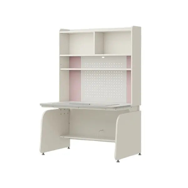 ILOOM Linki Plus Smart Desk+ 1200W four-story bookshelf with desk pad, white finish and pink pegboard back
