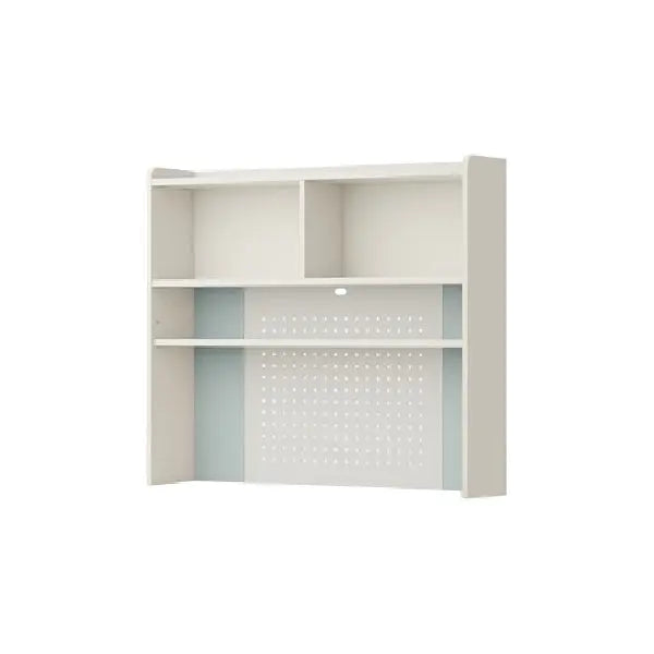 ILOOM Linki Plus Smart Desk 1200W white four-story bookshelf with pegboard back and open cubbies.