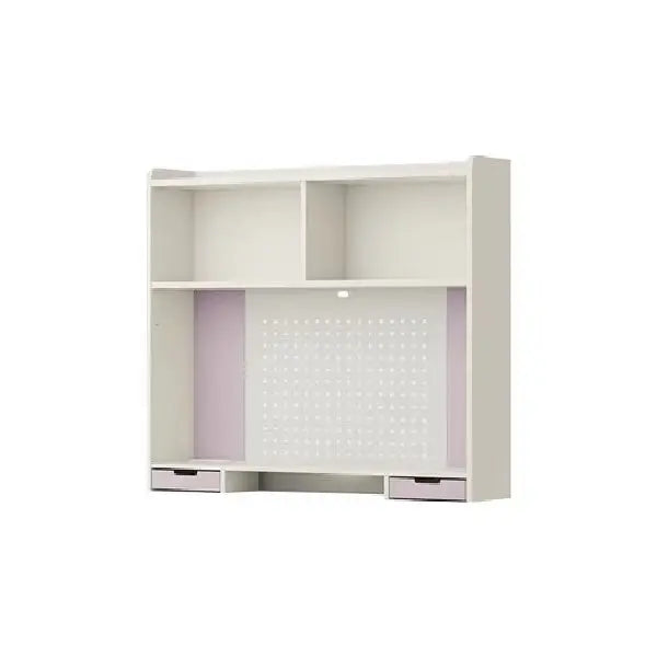 Iloom Linki Plus Smart Desk 4-story stacking shelf in white with purple backing and two small drawers