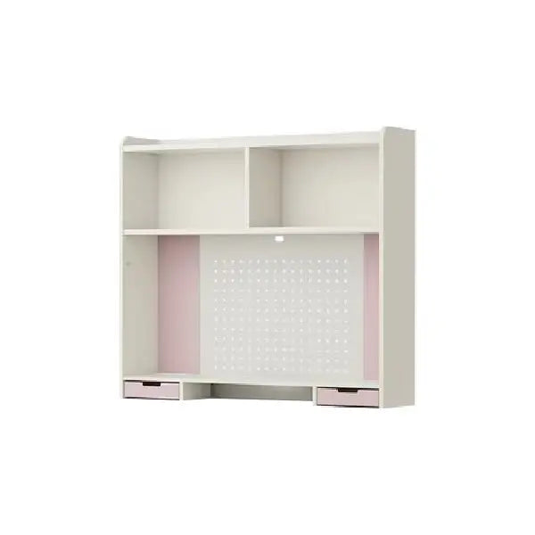 Iloom Linki Plus Smart Desk+ 1200W four-story stacking shelf in white with pink drawers and pegboard backdrop.