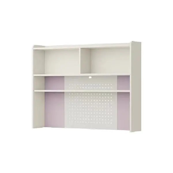Iloom Linki Plus Smart Desk+ 1400W four-story shelving unit in white with lavender panels; open cubbies on top, perforated lower panel.