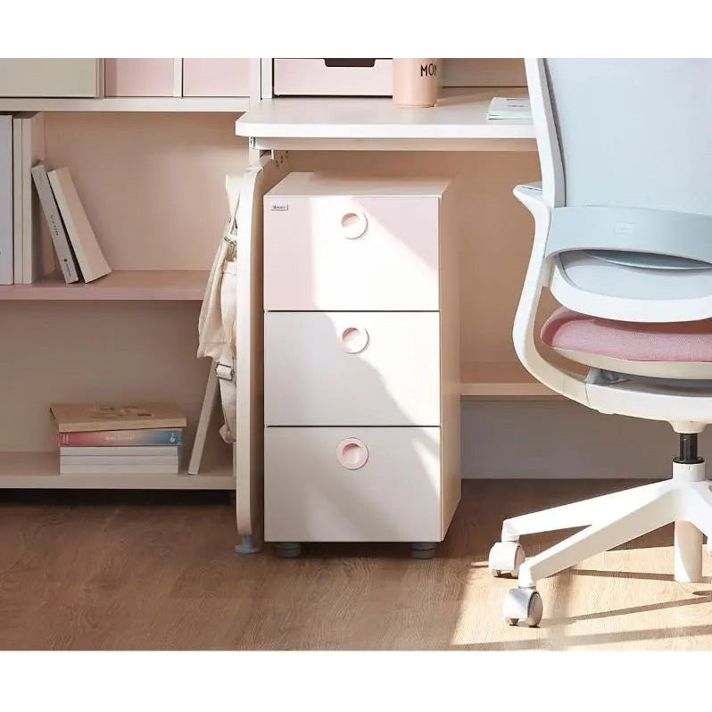 Iloom Linki Plus Smart Desk 3-drawer pedestal in white with pink circular handles tucked under a white desk.