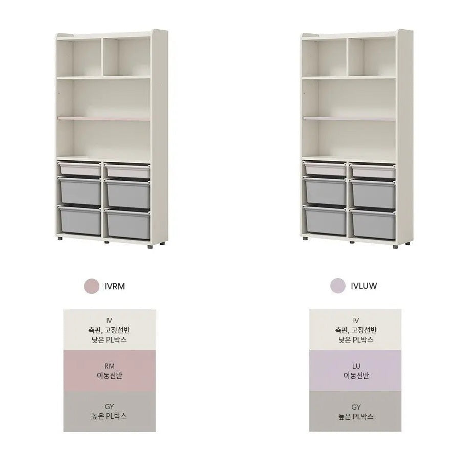 Iloom Linki Plus Smart Desk+ 6-Story PL Box Storage Shelf in cream with six gray bins; two units shown.