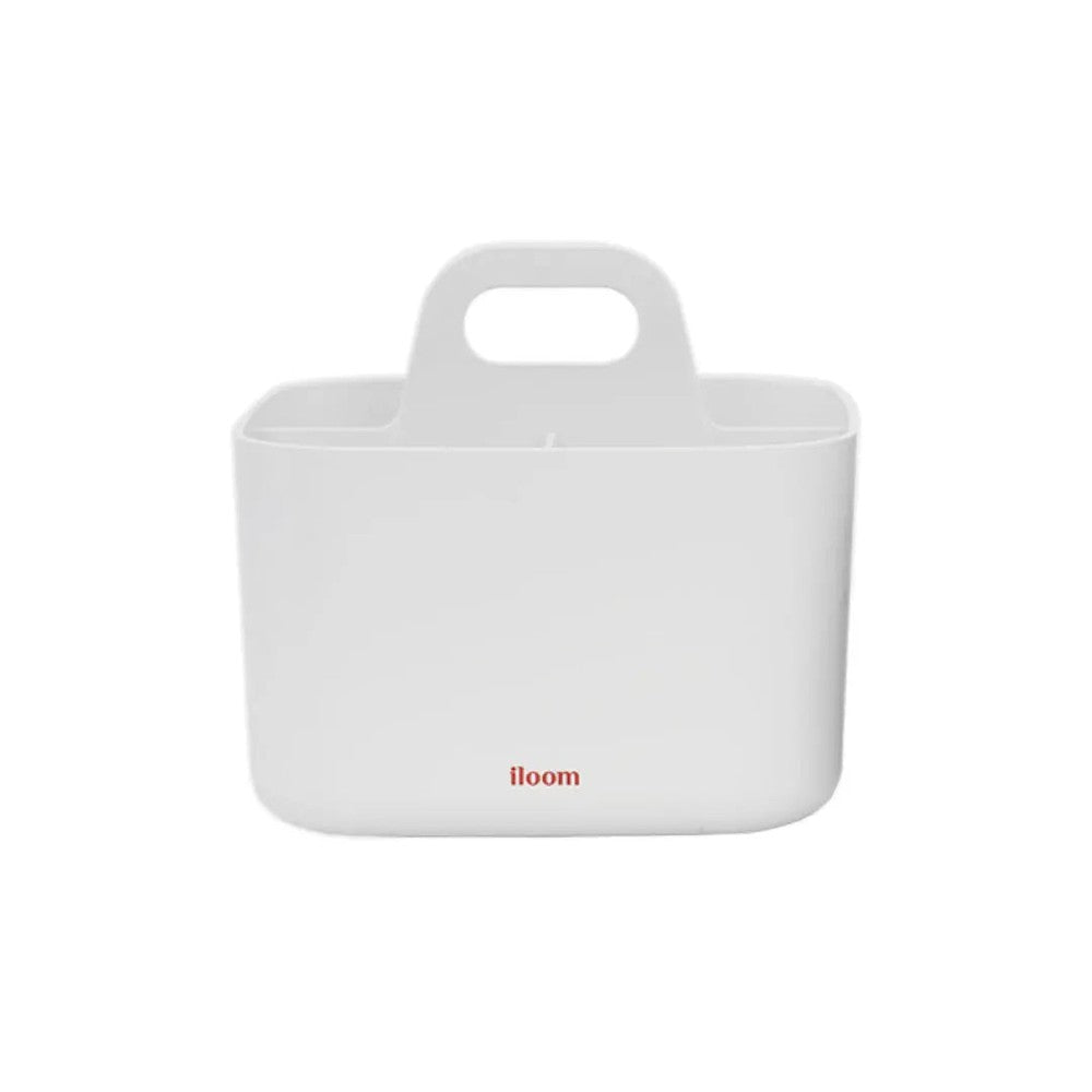 Iloom Multi-Use Caddy white desk organizer with built-in handle shown for easy carrying.