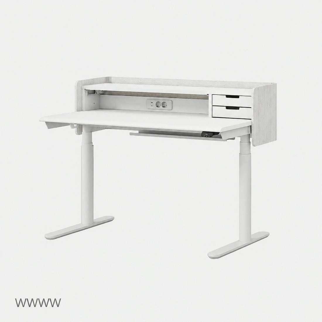 Iloom Newt Motion Desk 1200W - white desk with upper shelf and one two-drawer unit