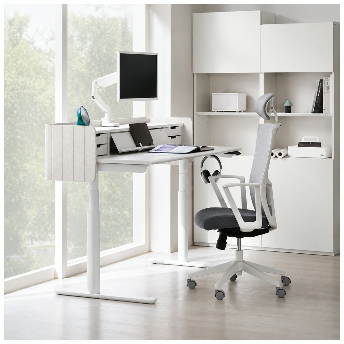 Iloom Newt Motion Desk1200W - home office setting with optional chair and monitor