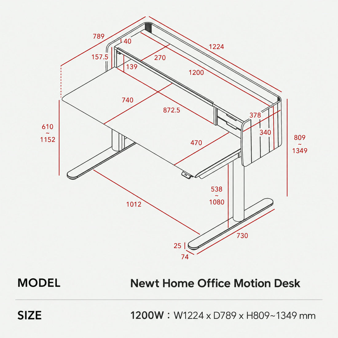 Iloom Newt Motion Desk1200W - English dimension drawing for the1200W home office desk