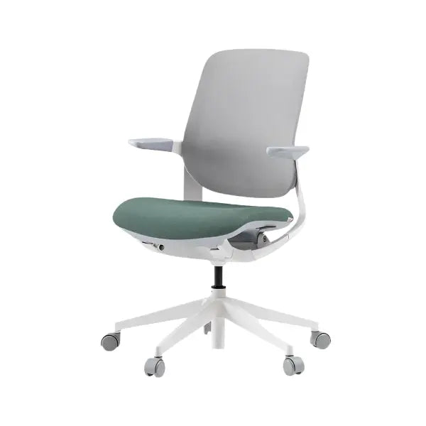 Iloom Oliver Chair with mesh back, white frame, and green seat, swiveling on a five-point wheeled base.