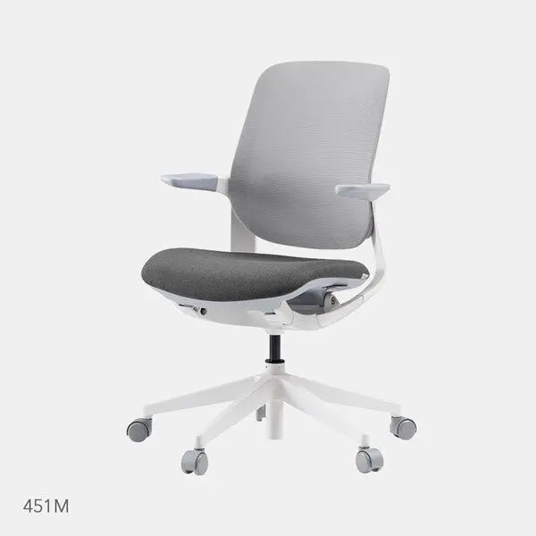 Iloom Oliver Chair, gray mesh back and dark cushioned seat, swivels on a white five-caster base.