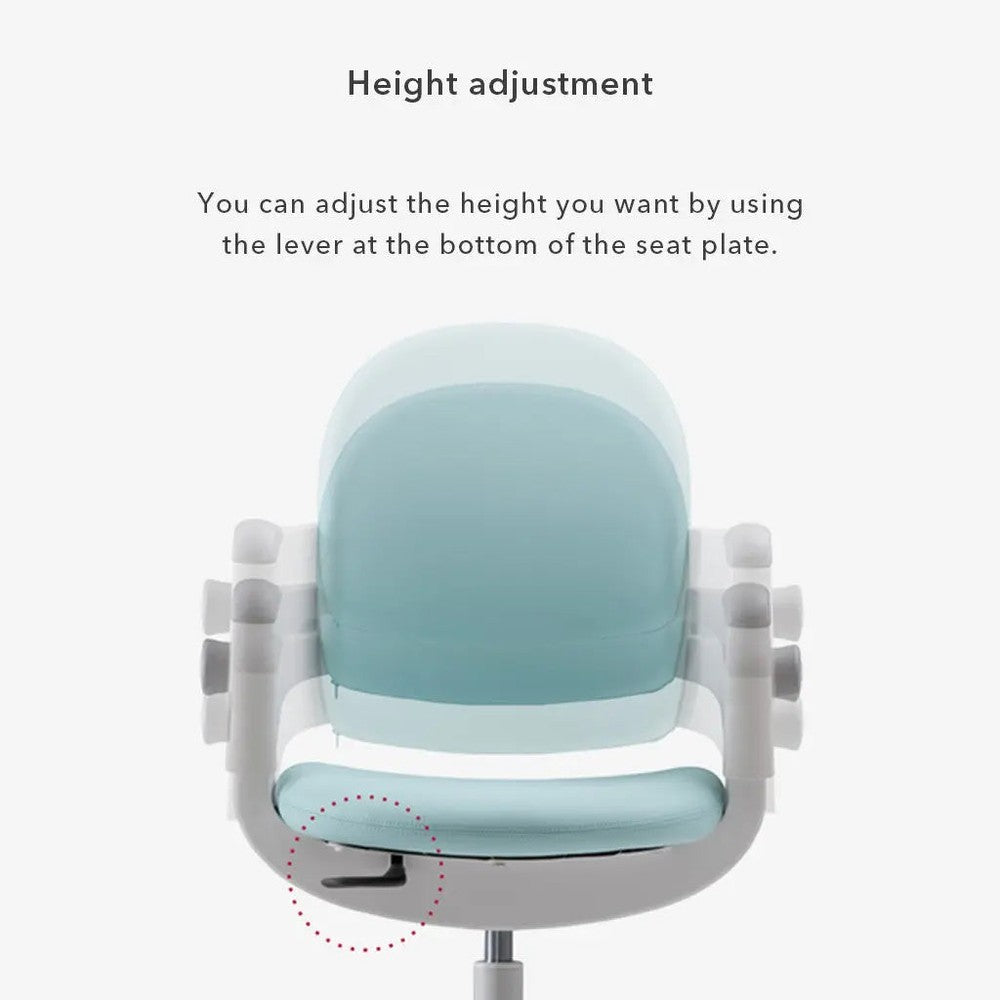 Iloom Ringo I Chair teal, height-adjust lever under seat with footrest and rotating casters visible.