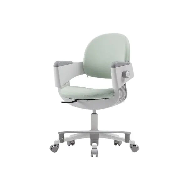 Iloom Ringo I Chair mint green upholstery, fixed center pedestal, five casters, and integrated footrest.