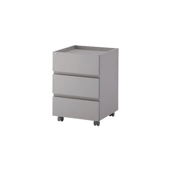 GYM Matte Gray Roy Mono three-drawer cabinet with raised-edge top and casters, offered under the Grey option.