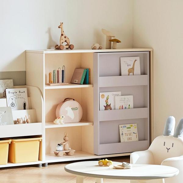 Iloom Eddie kids sliding bookshelf in white and pastel lavender with wooden frame for organized toddler storage