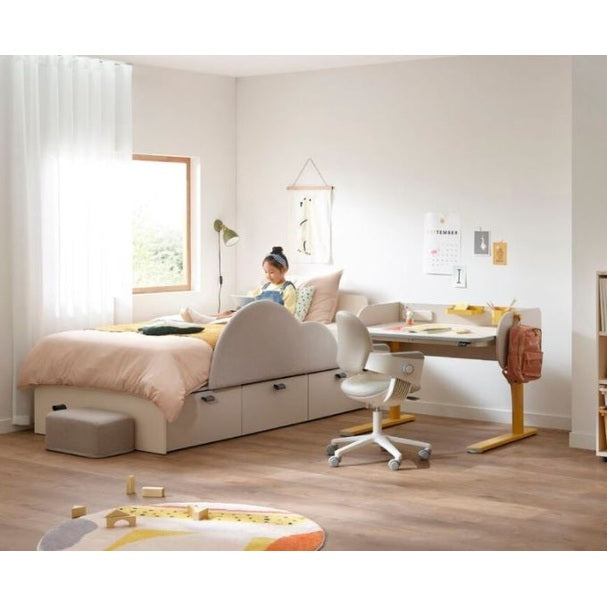 ILOOM Tiede Bed with storage and desk in pale pink, featuring under-bed drawers and a study area