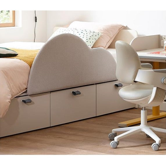 Iloom Tiede Bed with underbed storage drawers in light beige fabric and a curved headboard