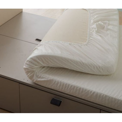 Iloom Tiede storage toddler bed with white mattress on gray platform and built-in drawers