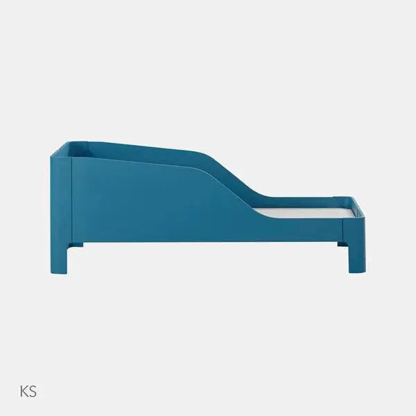 Iloom Tinkle Pop 1-Story Toddler Bed in blue, featuring curved side rail and low sturdy legs.