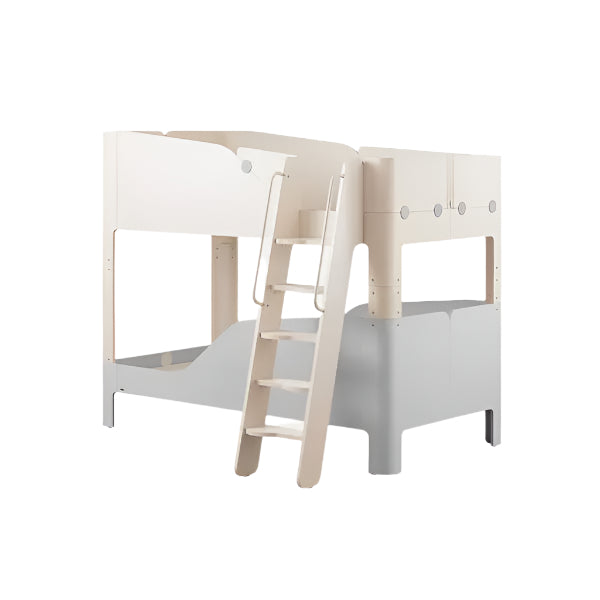 Iloom Tinkle Pop 2 Story Bed ladder type in natural wood, built-in stairs ascend to a white loft over a lower bed.